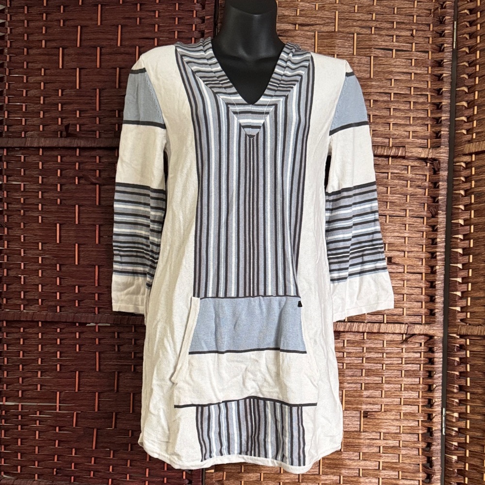 Matix Striped V-Neck Hooded Tunic/ Poncho - White & Gray Sweater Dress - S